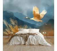 Papel pintado Mural Adhesivo de Pared Pintura Al Óleo Pájaros Montañas Art Papel Tapiz Fotográfico 300x210 cm Personalizada Catering Papel Tapiz Restaurante Decoración de Fondo Mural, Azul Claro