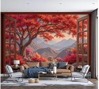 Papel Pintado Mural Árbol De Arce Rojo De Ventana Paisaje Otoñal Foto Murales, Restaurante Decoració Papel Tapiz 3D, Decoración Dormitorio Fotomural Sala Sofá Pared Mural-350Anx256Al cm