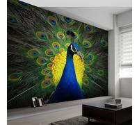 Papel Pintado Mural Arte Elegante 300An x 210Al cm, Decoración de Pared Fotográfica Colorido Animales Pavo Real Plumas para Salón Dormitorio Habitación Infantil - Poster Mural Fácil de Instalar