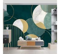 Papel Pintado Mural Artístico 300 x 210 cm, Abstracto Mármol Círculos Texturas diseño, Paneles Precortados, Fácil de Limpiar e Instalar, Colores Verde oscuro dorado Vivos, Ideal para Cualquier Espacio