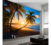 Papel Pintado Mural Atardecer Playa Palmeras Olas para Niños, Póster Fotográfico Hermoso Paisaje 350An x 256Al cm - Decoración de Pared Moderna para Habitación Infantil Dormitorio Sala de Juegos