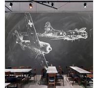 Papel pintado mural autoadhesivo de PVC arte mural 3D creativo en blanca y negro con aviones vintage para decorar el salón, el sofá y el dormitorio
