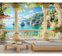 Papel pintado mural con columnas romanas italianas, papel pintado europeo con arcos para dormitorio, paisaje costero de la Toscana, Italia, 150x105cm (no autoadhesivo).