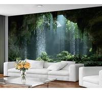 Papel pintado mural con gran cueva, cascada y selva - Diseño de gruta iluminada por el sol, decoración tropical inmersiva para interiores del hogar 400x280cm (No es autoadhesivo)
