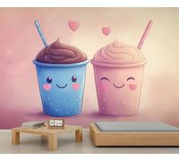 Papel pintado mural de Boba, papel pintado para dormitorio con diseño de té de burbujas, dibujos animados de té con leche, 100x70cm (no autoadhesivo).