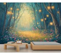 Papel pintado mural de bosque encantado con luciérnagas brillantes, papel pintado floral de árbol de bosque para niños, dormitorio, sala de estar, póster mural de 280 x 200 cm