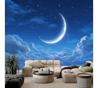Papel pintado mural de cielo nocturno, luna creciente, nubes, 200 x 140 cm, arte moderno, mural de pared, mundo de fantasía, fácil de instalar, no tejido, póster fotográfico para dormitorio, sala de