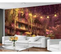 Papel pintado mural de gran tamaño con temática de librería botánica: diseño con plantas exuberantes y libros antiguos, decoración mágica para un espacio de lectura en el hogar. 250x175cm