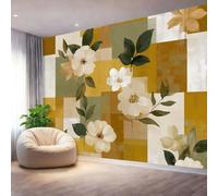 Papel Pintado Mural de Pared Decorativo Marrón Naranja, Murales para Salón Dormitorio Oficina, Tema de diseño Geométrico Flores Patchwork Líneas, Decoración Interior, 200 x 140 cm