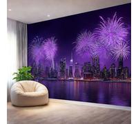 Papel Pintado Mural de Pared Decorativo Púrpura, Murales para Salón Dormitorio Oficina, Tema de diseño Vista nocturna la ciudad reflejos fuego artificial, Decoración Interior, 250 x 175 cm