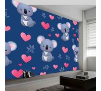 Papel Pintado Mural Estilo Cartoon 300An x 210Al cm, Decoración de Pared Fotográfica Azul Animal Koala Corazón para Salón Dormitorio Oficina Habitación Infantil - Poster Mural Fácil de Instalar