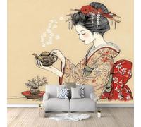 Papel Pintado Mural Estilo Japonés Personajes Tetera. 3D Panorámico No Tejido - Fotomurales Decorativos Para Salón, Dormitorio Y Oficina - Diseño Moderno Pared Del Hogar 350 X 256 Cm Rojo Beige