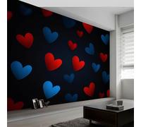 Papel Pintado Mural Estilo Romántico para Niños, Póster Fotográfico Dibujos Animados Rojo Azul Forma Corazón - Decoración de Pared Moderna 500An x 280Al cm para Habitación Infantil Sala de Juegos