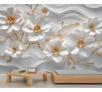 Papel pintado mural floral en relieve 3D, papel pintado floral de lujo para dormitorio, flores blancas y doradas de 100x70cm (no autoadhesivo).