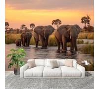 Papel Pintado Mural Foto 250x175cm áFrica Animales Elefantes Familia Papel pintado tejido no Tejido Murales Moderna Diseno Fotográfico Amarillo CáLido Decoración de Pared Sala de Estar y Dormitorio