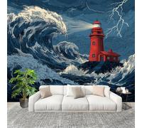 Papel Pintado Mural Foto 250x175cm En El Mar Un Faro Olas Papel pintado tejido no Tejido Murales Moderna Diseno Fotográfico Azul Oscuro Decoración de Pared Sala de Estar y Dormitorio