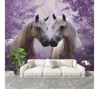 Papel Pintado Mural Foto 250x175cm Romance Animales Caballo Blanco Flores Papel pintado tejido no Tejido Murales Moderna Diseno Fotográfico Morado Claro Decoración de Pared Sala de Estar y Dormitorio