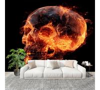 Papel Pintado Mural Foto 300x210cm Calavera Llameante Retro Papel pintado tejido no Tejido Murales Moderna Diseno Fotográfico Negro Decoración de Pared Sala de Estar y Dormitorio