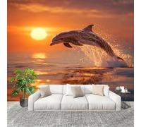 Papel Pintado Mural Foto 300x210cm Delfines Al Atardecer En El OcéAno Papel pintado tejido no Tejido Murales Moderna Amarillo Anaranjado Decoración de Pared Sala de Estar y Dormitorio
