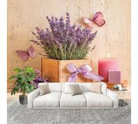 Papel Pintado Mural Foto 300x210cm Romance Plantas Lavanda Mariposas Papel pintado tejido no Tejido Murales Moderna Diseno Color Claro Decoración de Pared Sala de Estar y Dormitorio