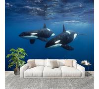 Papel Pintado Mural Foto 350x256cm OcéAno Animales Orca Papel pintado tejido no Tejido Murales Moderna Diseno Fotográfico Azul Oscuro Decoración de Pared Sala de Estar y Dormitorio
