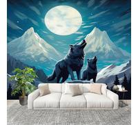 Papel Pintado Mural Foto 400x280cm Animales Bajo La Luz De La Luna Un Lobo AúLla Papel pintado tejido no Tejido Murales Moderna Diseno Fotográfico Azul Decoración de Pared Sala de Estar y Dormitorio