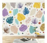 Papel Pintado Mural Fotográfico Bohemio para Salón Dormitorio Habitación Infantil - Decoración de Pared Tropical Planta Hojas Rayas Fácil de Instalar Poster Mural Elegante 450An x 280Al cm