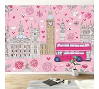 Papel Pintado Mural Fotográfico Caricatura para Salón Dormitorio Habitación Infantil - Decoración de Pared Rosa Ciudad Arquitectura Autobús Flores Poster Mural Elegante 350An x 256Al cm
