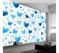 Papel Pintado Mural Fotográfico Estilo Cartoon para Dormitorio Habitación Infantil - Decoración de Pared Azul Blanco Acuarela Corazón Rayas Fácil de Instalar Poster Mural Elegante 200An x 140Al cm