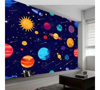 Papel Pintado Mural Fotográfico Estilo de Dibujos Animados para Salón Dormitorio Habitación Infantil - Decoración de Pared Colorido Universo Espacio Planetas Poster Mural Elegante 300An x 210Al cm