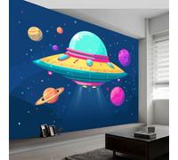 Papel Pintado Mural Fotográfico Universo Espacio Nave Espacial Planetas para Habitación Infantil Sala de Juegos - Pared Dibujos Animados Fácil de Instalar Poster Mural Elegante 250An x 175Al cm