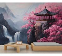 Papel pintado mural japonés con diseño de flores de cerezo, papel pintado para dormitorio con paisaje natural, montañas japonesas 150x105cm (no autoadhesivo)