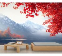 Papel pintado mural japonés, papel pintado de hojas rojas para dormitorio, hojas de otoño japonesas 300x210cm (no autoadhesivo)