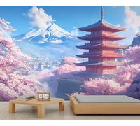 Papel pintado mural japonés, papel pintado para dormitorio con diseño de la montaña Fuji y flores de cerezo de Japón, 400x280cm (no autoadhesivo).