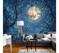 Papel Pintado Mural Luna Llena Ramas Árboles Luciérnagas Fantasía Foto Murales, Restaurante Decoració Papel Tapiz 3D, Decoración Dormitorio Fotomural Sala Sofá Pared Mural-200Anx140Al cm