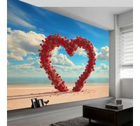 Papel Pintado Mural Océano Playa Romántico Rosas Corazón 200An x 140Al cm, Decoración de Pared Fotográfica Costero para Salón Dormitorio Oficina Habitación Infantil - Poster Mural Fácil de Instalar
