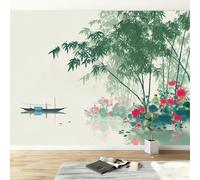 Papel Pintado Mural Pintura China Aguada para Niños, Póster Fotográfico Plantas Bosque Veleros Rayas - Decoración de Pared Moderna 450An x 280Al cm para Habitación Infantil Dormitorio Sala de Juegos
