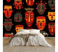 Papel Pintado Murales 300 x 210 cm Fondo De Pantalla Moderna Decoración Negro, Máscaras Tribales Africanas Art Papel tapiz fotográfico, Para Comedores Salones Habitaciones Fondo De Tv
