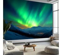 Papel Pintado Murales 300 x 210 cm Fondo De Pantalla Moderna Decoración Verde, Naturaleza Auroras Boreales Montañas Art Papel tapiz fotográfico, Para Comedores Salones Habitaciones Fondo De Tv