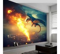 Papel Pintado Murales Animales Dragones Ciudades Llamas Fotomurales Tejido No Tejido, Murales Fotográfico Moderno Decoración de Paredes para sala, Azul Anaranjado, 350 x 256 cm