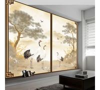 Papel Pintado Murales Animales Grullas Pinos Fotomurales Tejido No Tejido, Murales Fotográfico Moderno Decoración de Paredes para sala, Beige, 250 x 175 cm