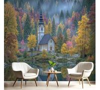 Papel Pintado Murales Cabaña Junto Al Lago Pared Patrón De Estampado De Bosque De Cuento De Hadas 250 x 175cm decoración de pared Naranja Verde, para habitación salón Fondo De Tv, póster de pared