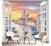 Papel Pintado Murales Canales De Venecia Pared Patrón De Estampado De Vista Desde La Ventana 250 x 175cm decoración de pared Naranja Blanco, para niños habitación salón Fondo De Tv, póster de pared