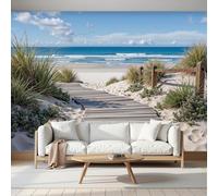 Papel Pintado Murales Costa Camino Pared Patrón De Estampado De Océano Paisaje 200 x 140cm decoración de pared Azul Beige, para niños habitación salón Fondo De Tv, póster de pared