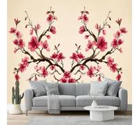 Papel Pintado Murales Decorativos 400 x 280 cm Fotomurales No Tejido, Neoclasicismo Pintura A Tinta Ramas Flores Papel de Pared Para Comedores Salones Habitaciones Fondo de TV, Rosa Beige