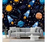 Papel Pintado Murales Decorativos Pared 3D Dibujos Animados Universo Cohete Sol Fotomurales No Tejido, 350 x 256 cm Papel de Pared, para Comedores Salones Habitaciones Fondo de TV, Azul Mar Amarillo