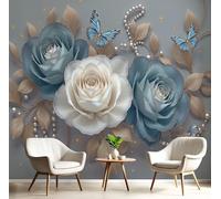 Papel Pintado Murales Decorativos Pared Patrón De Estampado Lujo Joyas Flores Acuarela Rosa 400An×280Al cm Decoración de Pared Gris Oscuro, para Habitación Salón Fondo De Tv, Póster de Pared