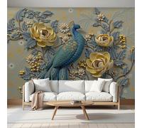 Papel Pintado Murales Decorativos Pared Patrón De Estampado Retro Relieve Peonía Pavo Real Azul Flores 366An×256Al cm Decoración de Pared Gris, para Habitación Salón Fondo De Tv, Póster de Pared