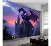 Papel Pintado Murales Fantasía Dragones Castillos Fotomurales Tejido No Tejido, Murales Fotográfico Moderno Decoración de Paredes para sala, Color Naranja, 200 x 140 cm