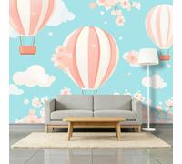 Papel Pintado Murales Flores De Ensueño Globo Aerostático Fotomurales Tejido No Tejido, Murales Fotográfico Moderno Decoración de Paredes para sala, Azul Claro, 450 x 280 cm